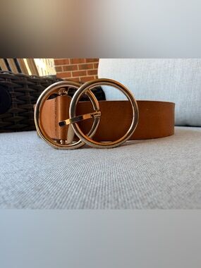 Women's Tan PU Leather Belt with Double Circle Gold Buckle